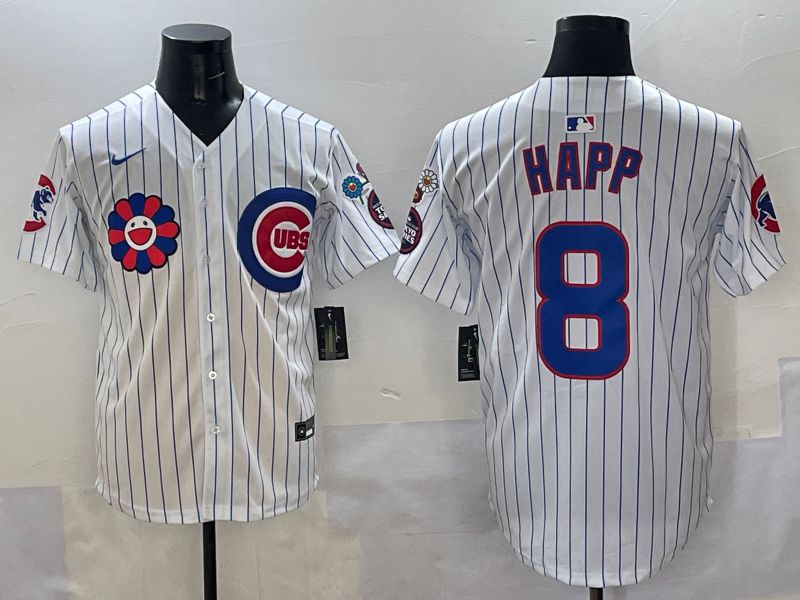 Men Chicago Cubs #8 Happ White Stripe Flower Edition 2025 Nike MLB Jersey style 1